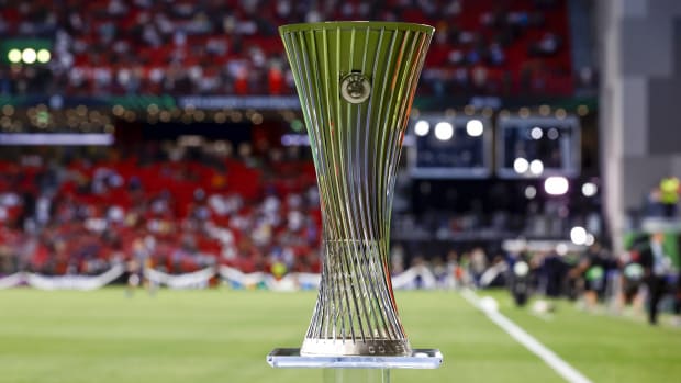 The UEFA Europa Conference League trophy pictured on display in Tirana, Albania ahead of the 2022 final